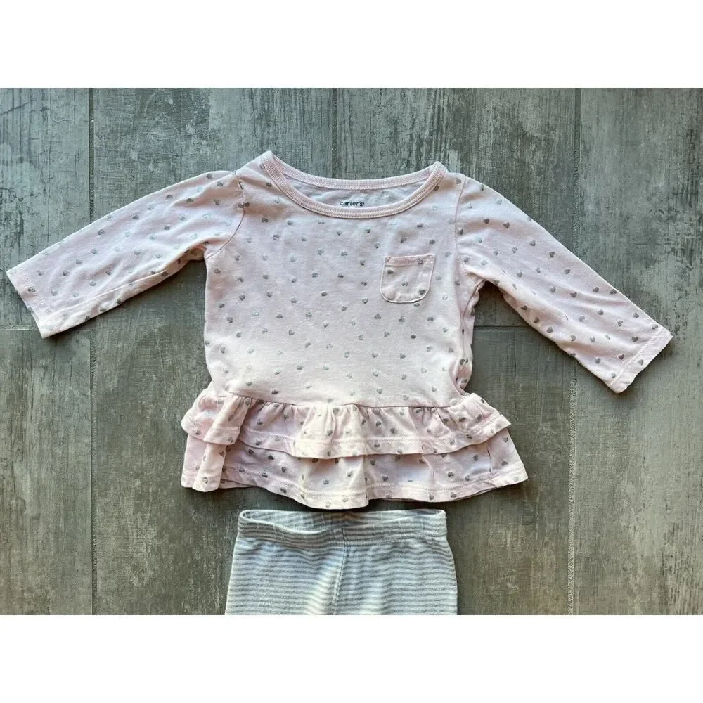 Baby Girl Pink Silver Heart Babydoll Top & Legging 2 Piece Outfit Set Cotton 6m - Picture 3 of 8